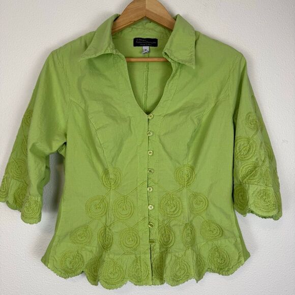Vintage Y2K Green Embroidered 100% Cotton Button Down Blouse Size XL - Picture 2 of 10